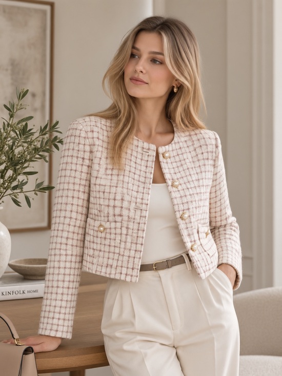 House of Harlow 1960 Jackets & Blazers - House of Harlow 1960 Tweed Cropped Jacket – Cream Pink Plaid ✨